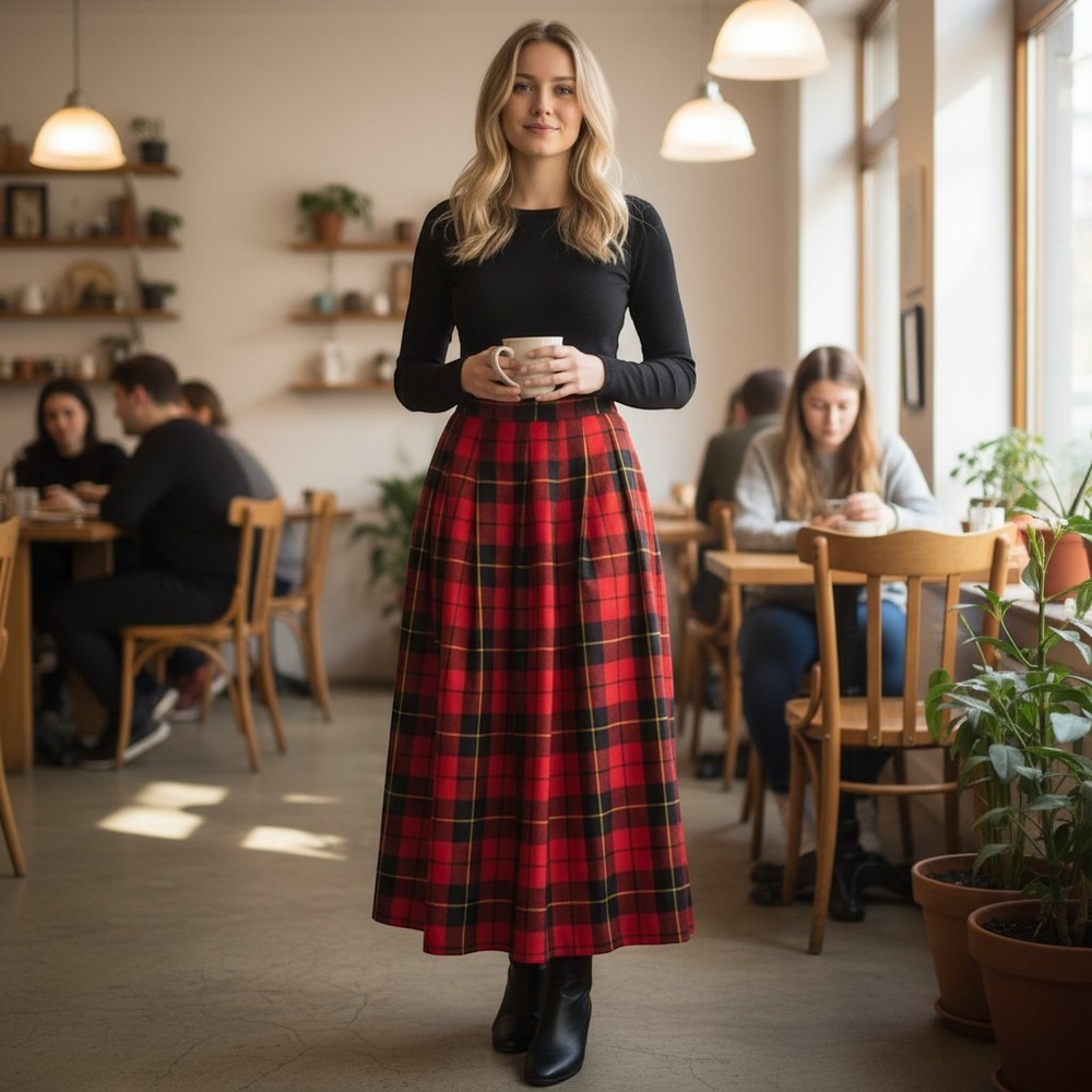 Lands End Red Plaid Wool Midi Skirt Made in Scotland Vintage Size 14 tartan